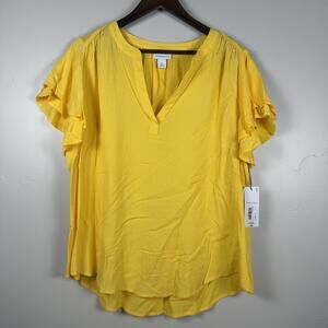 Liz Claiborne Womens XL Yellow Flutter Sleeve Blouse V-Neck Lightweight Top NWT